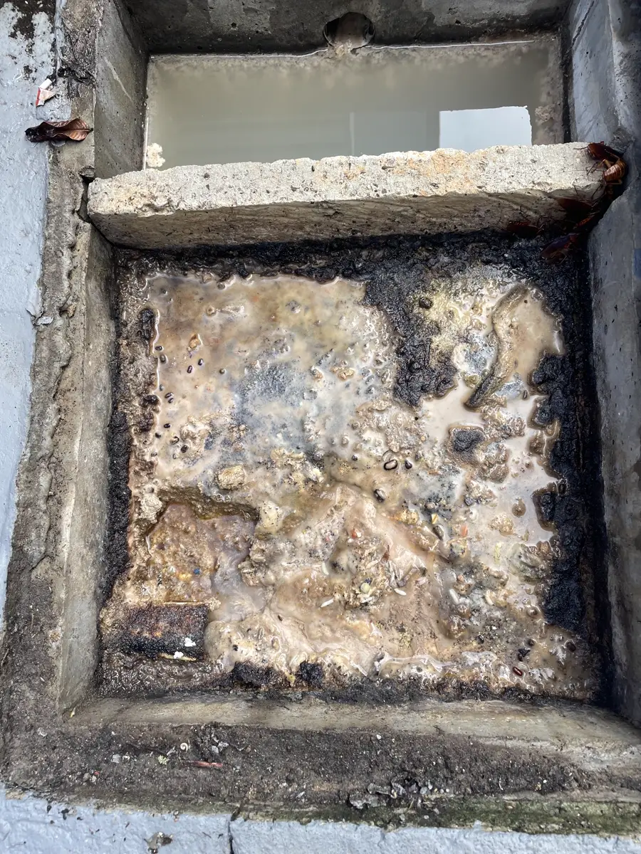 Caixa de gordura residencial de alvenaria aberta, com camada espessa de gordura endurecida na superfície