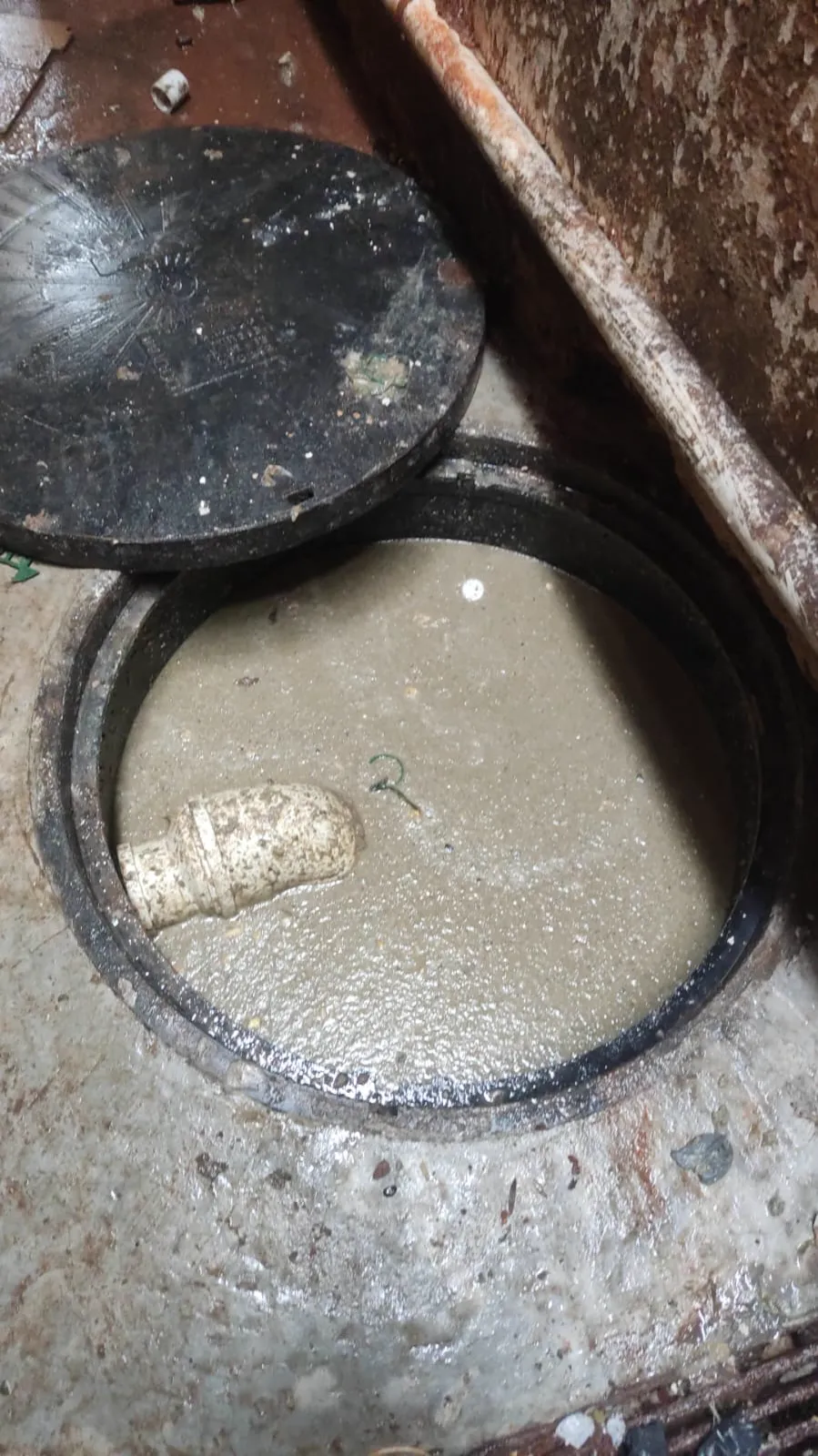 Caixa de gordura redonda aberta depois da aplicação do produto, sem crosta na superfície e com o cano de entrada à vista