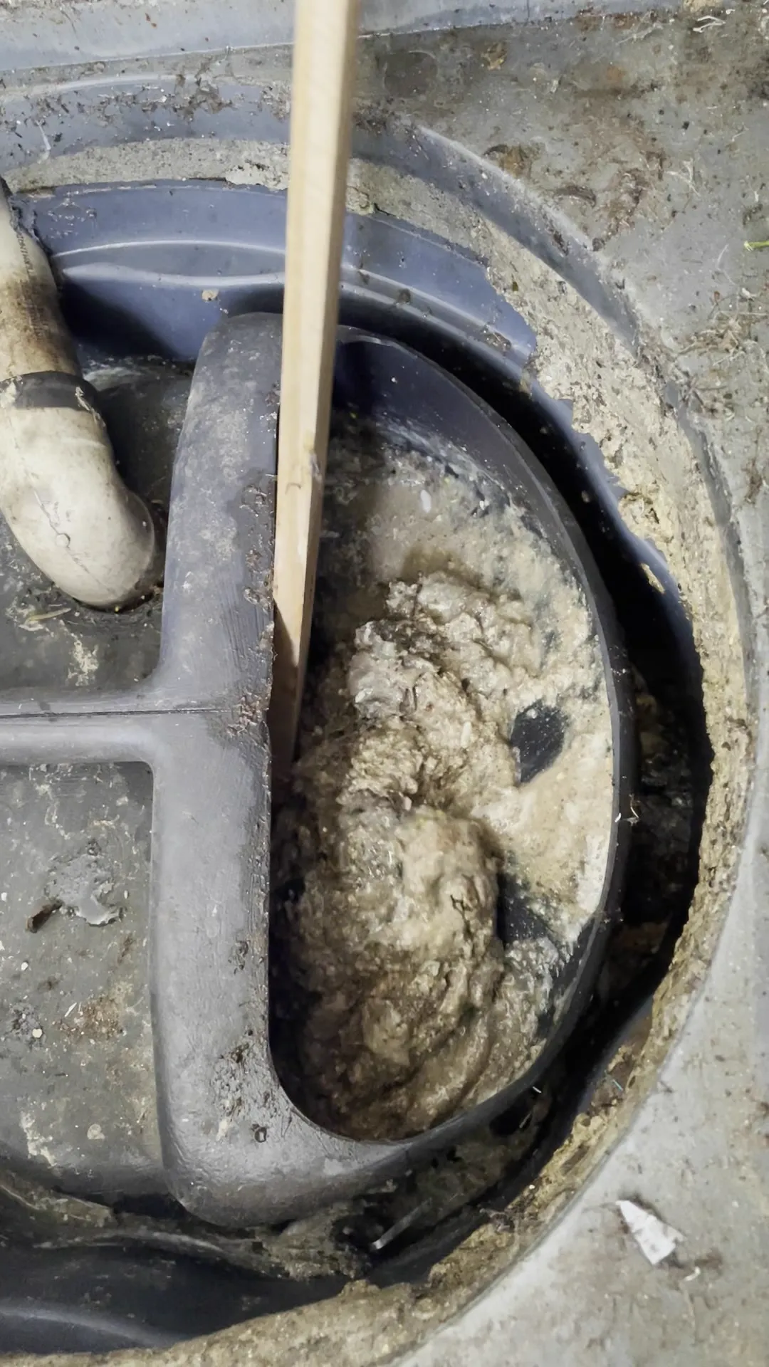 Caixa de gordura plástica aberta com um bloco de gordura endurecida na superfície, o resultado de anos de óleo de cozinha jogado na pia