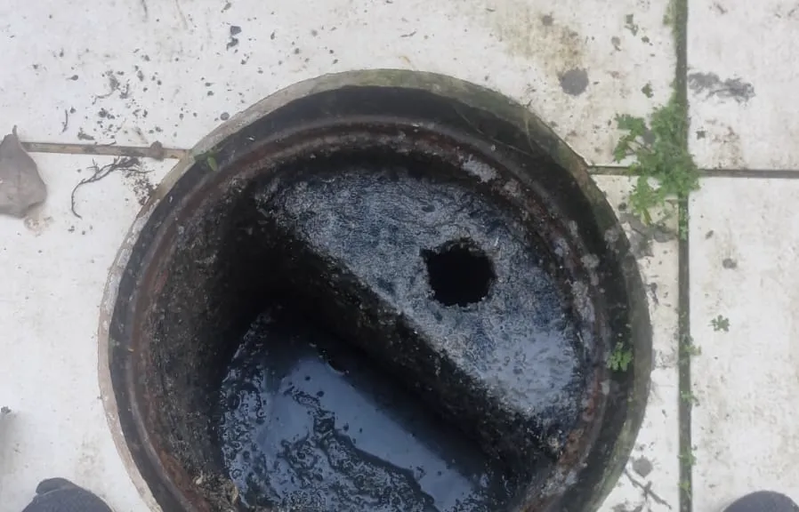 Caixa de gordura redonda aberta no piso do quintal, com a divisória interna à vista