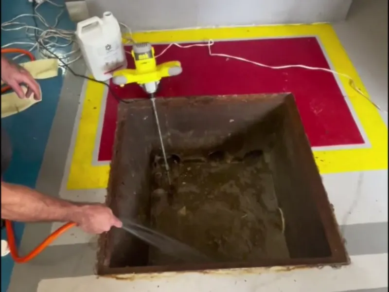 Jato de água corrente sendo aplicado na caixa de gordura para o acabamento